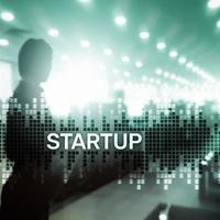 Startup concept with double exposure diagrams blurred background photo