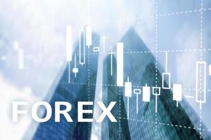 Forex trading, financial candle chart and graphs on blurred business center background. photo