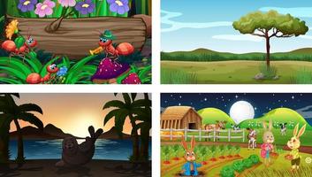 Four different nature horizontal scene with various animals vector