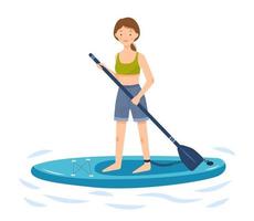 The girl is riding a sup board. A woman stands on a paddle board and holds a paddle in her hands.
