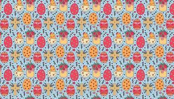Happy Easter holiday doodle pattern banner background cake chicken in egg christian cross vector