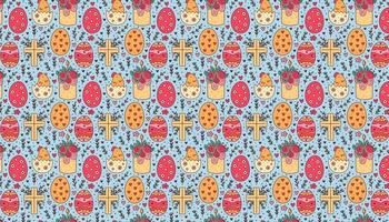 Happy Easter holiday doodle pattern banner background cake chicken in egg christian cross vector