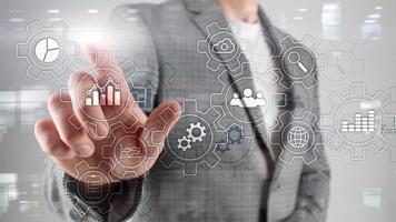 Business process abstract diagram with gears and icons. Workflow and automation technology concept. photo