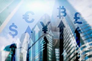 Double exposure business and financial concept. Currency growth arrows. Stock trading and forex photo