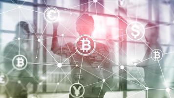 Double exposure Bitcoin and blockchain concept. Digital economy and currency trading photo