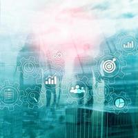 Business process automation concept. Gears and icons on abstract background. photo
