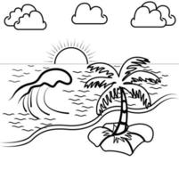 sunset view on the coast with high waves. Kids theme coloring page vector