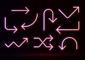 Vector of red-magenta neon directional arrow, LED pointer lines, Retro street glowing light signs, isolated on black background.