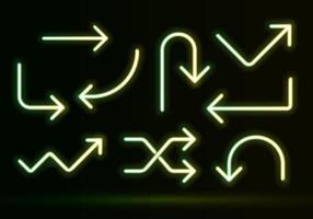 Vector of green-yellow neon directional arrow, LED pointer lines, Retro street glowing light signs, isolated on black background.