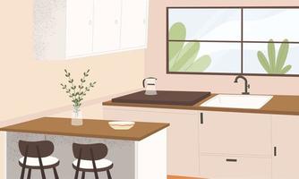 Diseño de interiores de cocina con fregadero, utensilios de cocina limpios y ventanas y plantas. vector