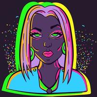 Neon illustration of a woman with glitters and big earrings with a confused expression and an eyebrow up. Young woman avatar of a mascot under ultraviolet lights. vector