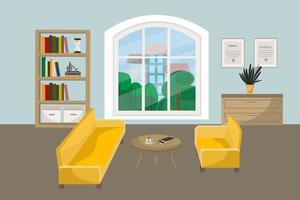 Living room interior with furniture, sofa, armchair, coffee table, bookcase, houseplants and large window. Office interior with diplomas hanging on the wall. Vector illustration in flat cartoon style.