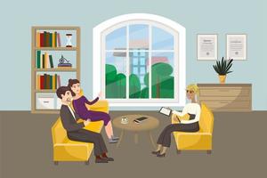 Couple in consultation with a psychologist. Family psychological health. Psychologist's office interior. Vector illustration in flat cartoon style