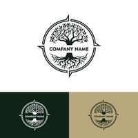 Abstract green tree and creative compass with roots vector logo design template