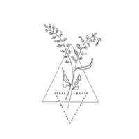 Hand drawn minimalistic branch with leaves and geometric elements on white background vector illustration. Doodle style. Design icon print, logo poster, symbol decor