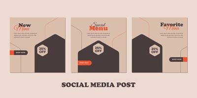 Publicación de redes sociales de banner de menú de comida. plantillas para promociones en el menú de comida. conjunto de historias de redes sociales y fotogramas de publicaciones. diseño de maquetación para marketing en redes sociales. vector