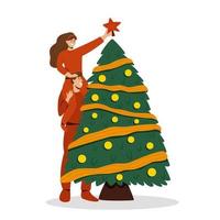 Couple in love decorate christmas tree vector