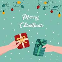 Hands hold christmas gifts social media post template vector