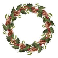 Festive Christmas wreath with pine cones, sprigs of mistletoe and holly. Empty space for inserting text. Vector. vector