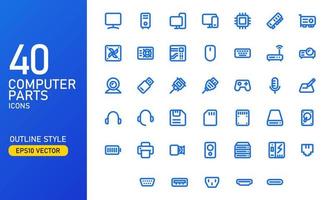 Computer parts and components icon set. Computer hardware outlined icon collection. Suitable for design element of computer app software and technology infographic. vector