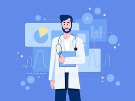 concepto de medicina con retrato médico personaje de pie en uniforme médico. ilustración vectorial plana para banner, diseño de cartel, plantilla, diseño de folleto, volante para publicidad de servicios médicos. vector