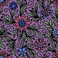 Lilac seamless vector background with pink and blue flowers