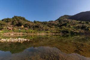 The country river reflects the mountain, and the villages and forests are under the blue sky photo