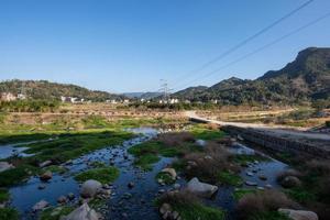 The country river reflects the mountain, and the villages and forests are under the blue sky photo