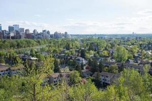 Aerial view of Calgary in springtime. Downtown, river, houses and trees. Canada photo