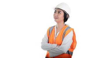 Portrait beautiful young Asia woman civil engineer looking forward and thinking of a white background, Planning on construction building concept photo