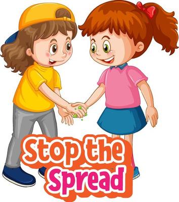 Stop the Spread font with two kids do not keep social distancing isolated on white background