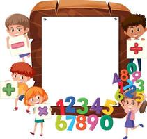 Empty wooden frame with school kids and math objects vector