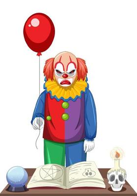 Creepy clown holding balloon on white background