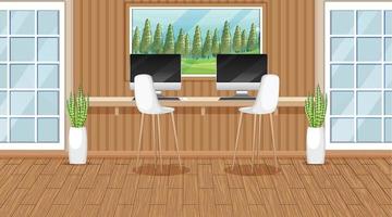 Escena de la sala de trabajo con dos computadoras sobre la mesa. vector