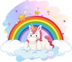 lindo unicornio tendido en la nube en el cielo pastel con arco iris vector