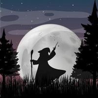Halloween night background with wizard silhouette