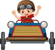 Un niño conduciendo un mini coche de juguete sobre fondo blanco. vector