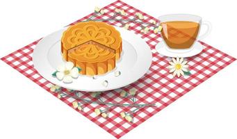 Flower mooncake with teacup set on tablecloth vector