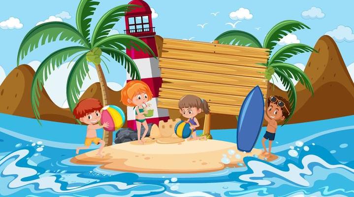 Empty wooden banner template with kids on vacation at the beach daytime scene