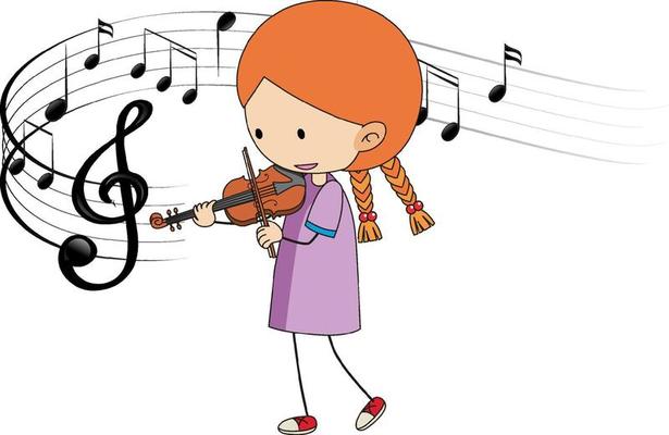 Cartoon doodle a girl playing violin with melody symbols on white background