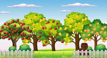 escena de la granja con muchos árboles frutales diferentes. vector