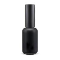 Black nail polish bottle. Manicure varnish round cylinder container. Finger enamel jar illustration. Salon cosmetic lacquer with brush cap. Liquid nail care pack. Realistic fingernail beauty bottle vector