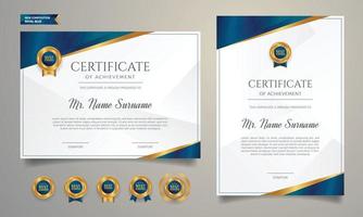 Blue and gold certificate with golden badges A4 template