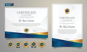 Premium diploma certificate template, gold and blue color with badges vector