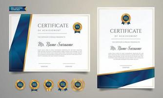 Diploma azul y dorado certificado de plantilla de borde de apreciación con insignias vector