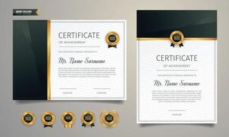 Plantilla de certificado negro y dorado con insignias doradas de lujo. vector