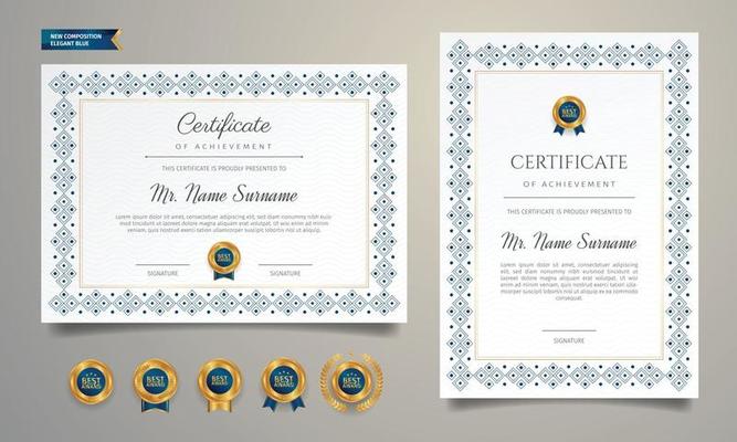 Blue certificate border template with golden badges