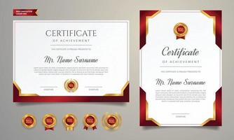 Certificate of award template, gold and red color with badges vector