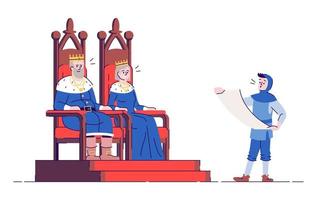 Medieval kingdom rulers on thrones and royal messenger flat vector illustration. King, queen and herald isolated cartoon characters with outline elements on white background. Middle ages