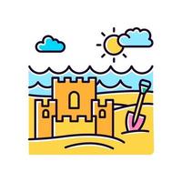 Ocean beach yellow RGB color icon. Marine shore. Sand castle. Maritime family vacation. Trip to exotic country. Isolated vector illustration